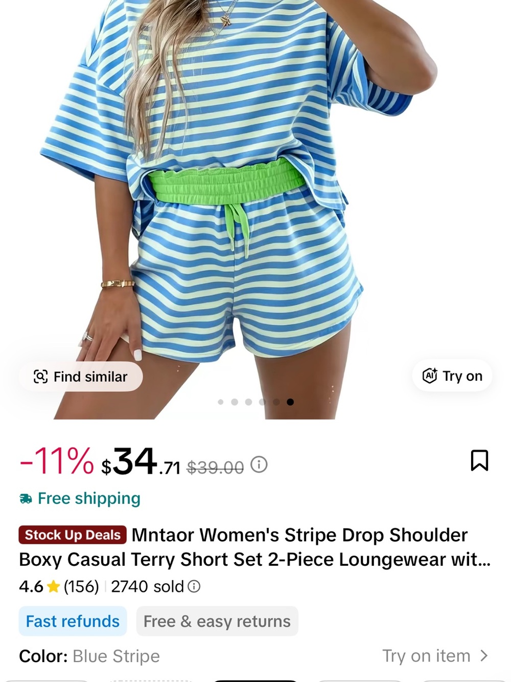 Striped Boxy Short Loungewear Set with Green Waistband - Blue Stripe